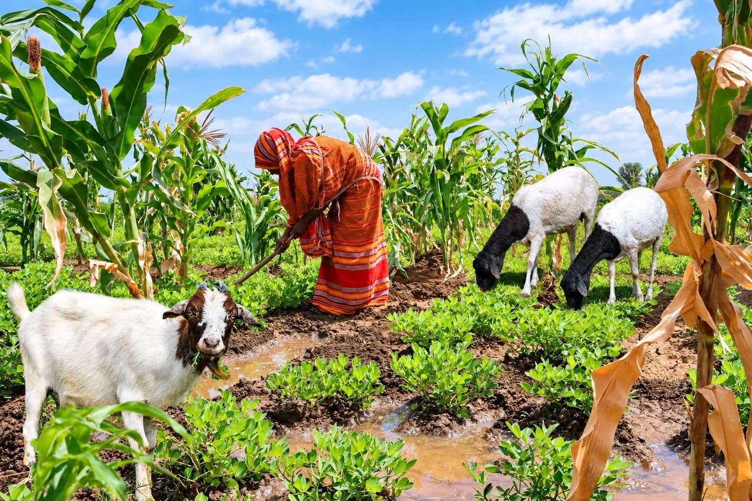 A farmer tends a field of maize and groundnuts in Afgooye while goats graze nearby